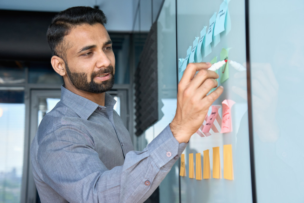 male professional writing on sticky notes in his whiteboard in the office