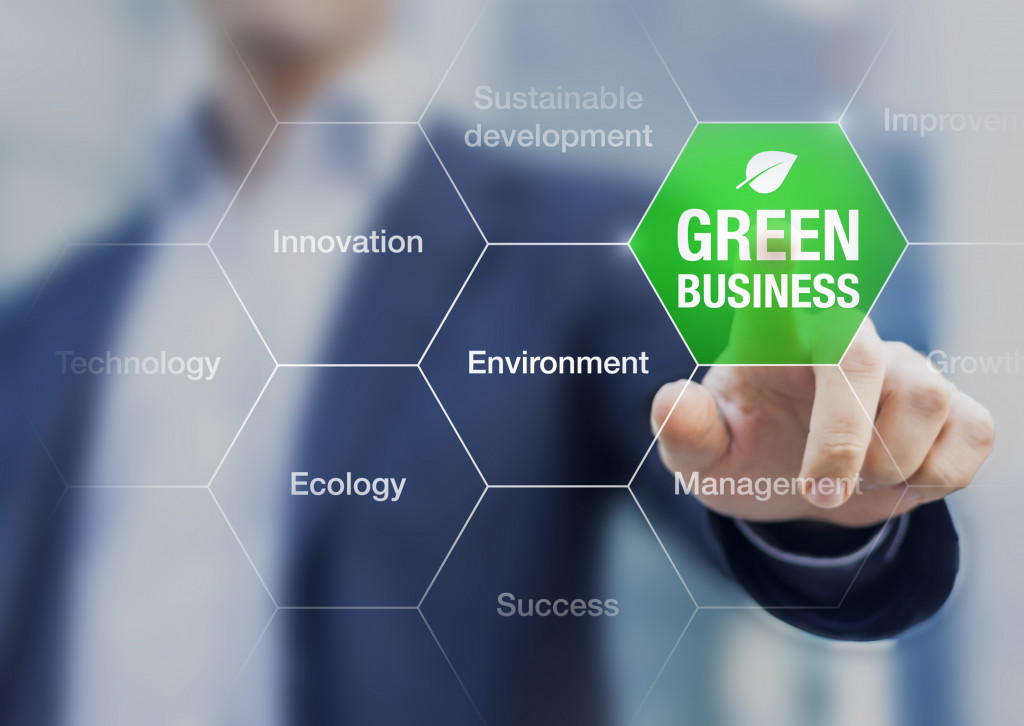 green business text in green hexagon